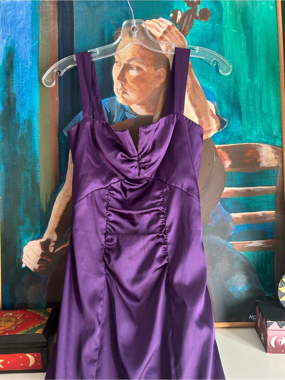 Le Chateau Purple Satin Ruched Cocktail Dress Women’s XS Sleeveless Midi Party - Picture 3 of 16